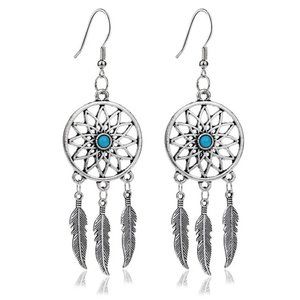 Bohemian Feather Dream Catcher Aged Silver & Turquoise Drop Hook Earrings NEW